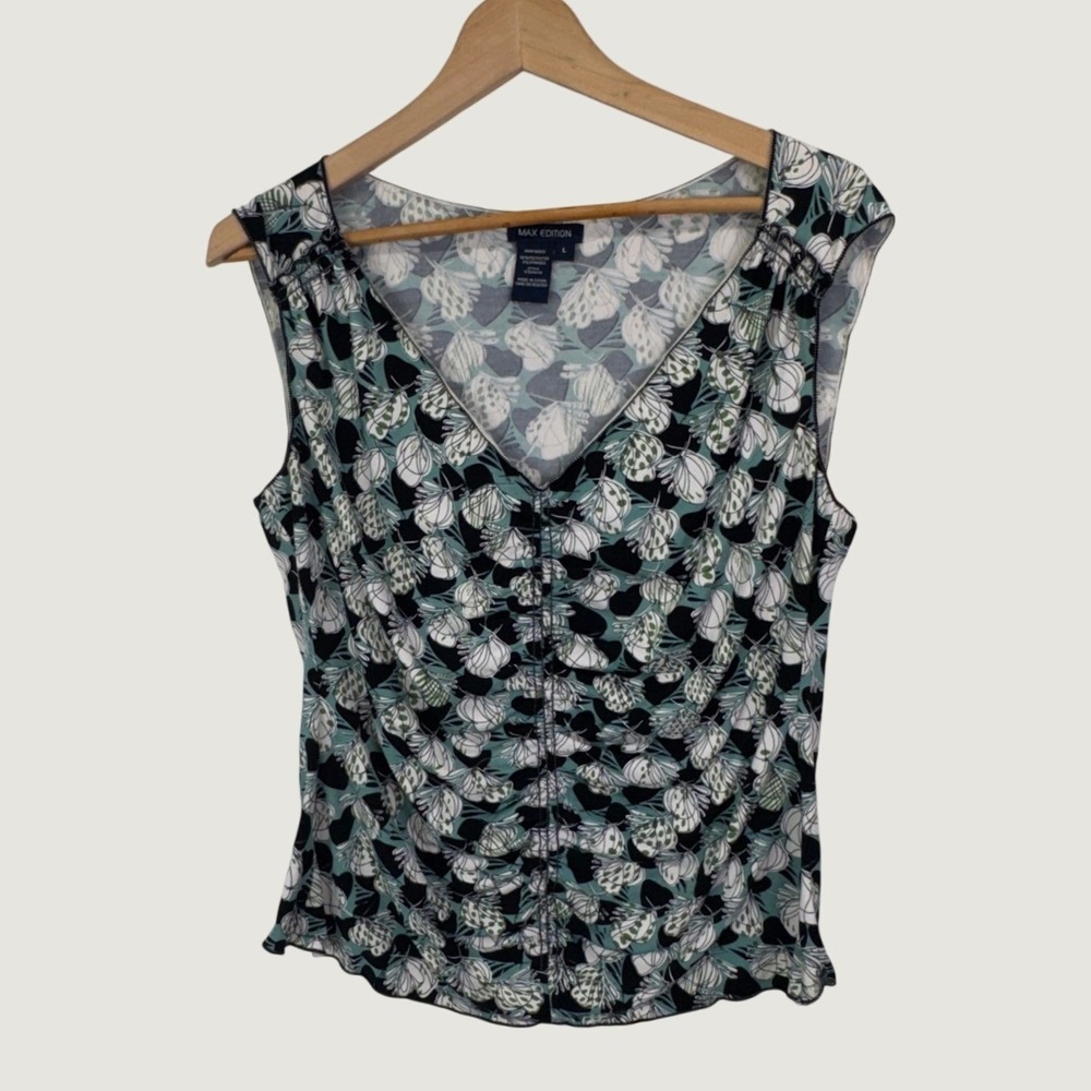 Max Edition Sleeveless Ruched Floral Top L Green Black‎ Whimsygoth Y2K Aesthetic